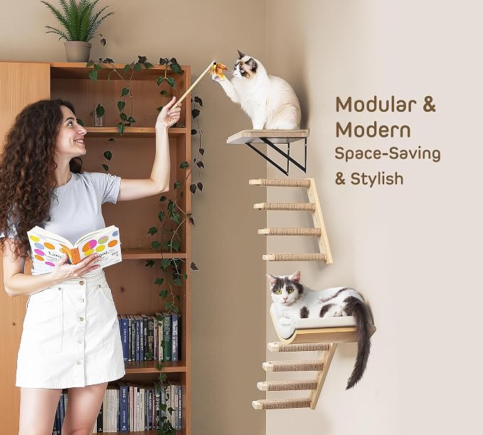 Cat Wall Shelf with Curved Hammock Bed, Wall Mounted Cat Perch | Space-Saving, Floating Cat Wall Bed with Beige Soft Cushion, Wall-Mounted Cat Furniture for All Cat Breeds Sleeping & Playing