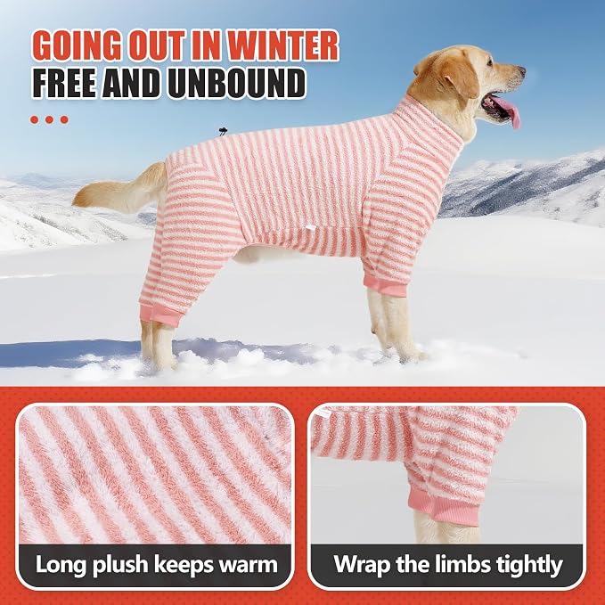 Dog Fleece Pajamas Large Dog 4 Legs Winter Clothes for Dog Fit Warm Jumpsuit for Dogs (Striped Pink, Small)