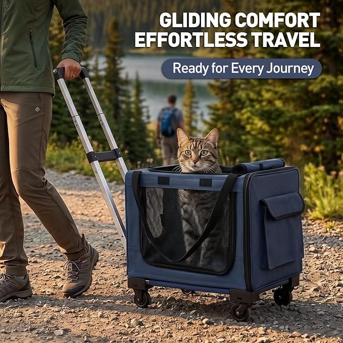 17in Wheeled Expandable Cat Carrier for Cats Small Dogs,Blue | elescopic rod, expandable side room, foldable breathable mesh, portable carrier for indoor & outdoor pet travel