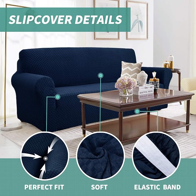 YEMYHOM Couch Cover Latest Jacquard Design High Stretch Sofa Covers for 2 Cushion Couch, Pet Dog Cat Proof Loveseat Slipcover Non Slip Magic Elastic Furniture Protector (Loveseat, Navy)