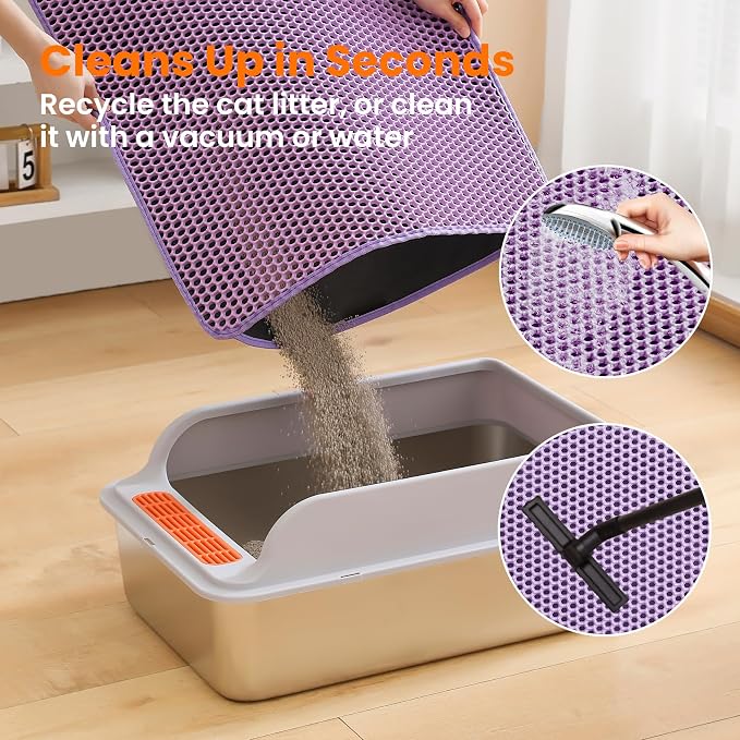 Extra Large Cat Litter Mat, Double Layer Honeycomb Design | 30x22”, Reduces Litter Tracking, Easy to Clean, Waterproof, Non-Slip, Soft on Paws, Scratch Resistant, Purple, XL