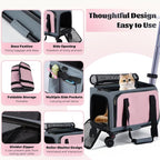 3-Sided Expandable Rolling Pet Carrier with Wheels, Small Cat Dog Travel Carrier, Foldable Portable Bag Grey Pink for Travel Camping Vet Outdoor Indoor Use