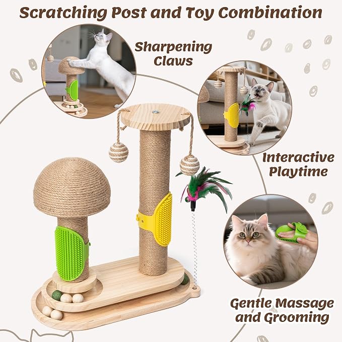 Cat Scratching Post Interactive - 5-in-1 Kitten Scratch Post Self Play Toy, Vertical Scratcher and Self Groomer for Indoor Cats, Small Pet Tree Climbing Tower with Dangling Plush Track Ball