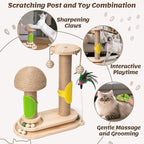 Cat Scratching Post Interactive - 5-in-1 Kitten Scratch Post Self Play Toy, Vertical Scratcher and Self Groomer for Indoor Cats, Small Pet Tree Climbing Tower with Dangling Plush Track Ball