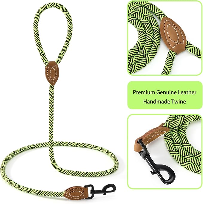Mile High Life Dog Leash with Genuine Leather Connection, 6 FT/5 FT/4 FT | Rope Leash, Heavy Duty 360° Swivel Metal Clasp, for Small Medium & Large Dogs (Lime Green, 48 Inch)