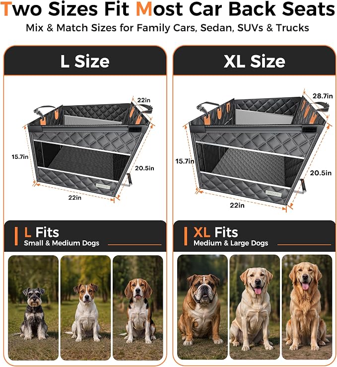Doglike UNBREAK Hard Bottom Dog Car Seat for Back Seat [Military-Grade Protection], 450LB Ultra-Support Back Seat Extender for Dogs Carseat, Passenger Frinedly Waterproof Pet Carseat XL Size