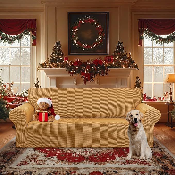 Stretch Oversized Couch Covers for Sofa Slipcover,Golden | 1-Piece Washable Sofa Cover (94"-110") 4-Seater Furniture Protector, Soft Jacquard Non-Slip Elastic Bottom for Dogs & Kids