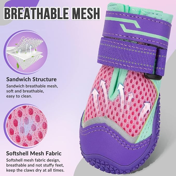 SlowTon Dog Shoes for Large Small Medium Dogs - Breathable Dog Boots for Summer Hot Pavement, Paw Protector for Outdoor Walking Winter Snow, Anti-Slip Rubber Dog Booties for Hardwood Floor (Pink, 3)
