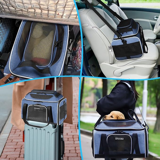 Petskd Top-Expandable Small Pet Carrier 18"x13"x9.5" Airline Approved | for Southwest Airlines, Lockable Safety Zippers and Anti-Scratch Mesh, Soft-Sided, Pets Under 10 Lbs, Blue