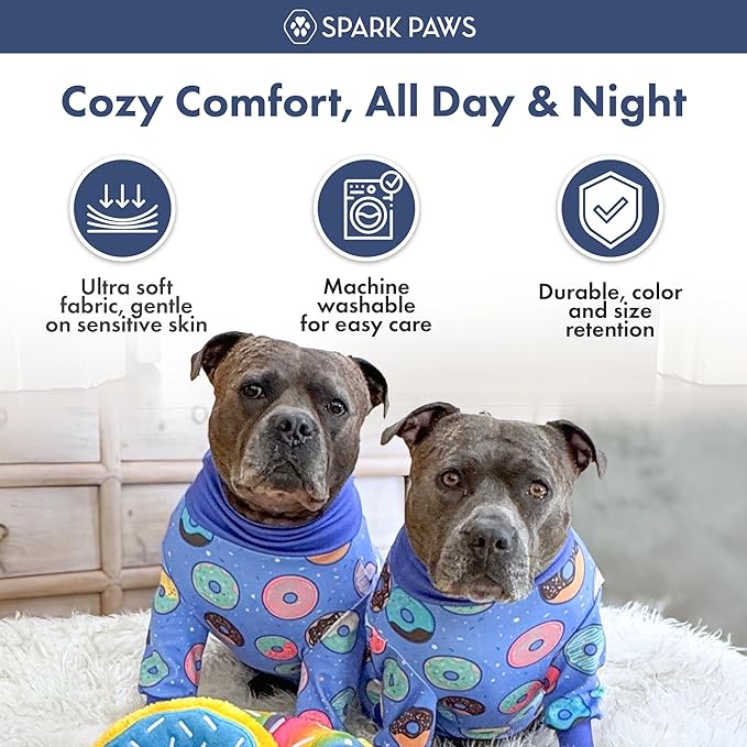 Spark Paws Dog Pajama, Dog Recovery Suit Male, Onesie, Ultra-Soft and 4-Way Stretch, for Small Medium and Large Breeds - Donuts - 2XL