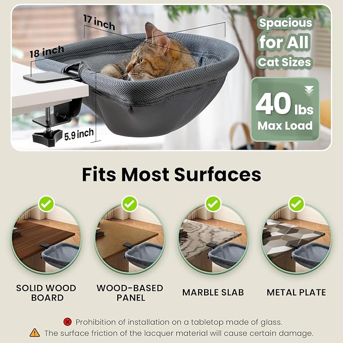 JUNSPOW Cat Desk Bed One-Click Folding, Maximum Holds 40lb, Grey Mesh | Sunken Design & Space-Saving Semi-Circular Cat Bed, Mesh Cover Material, Suitable for Various Desktops