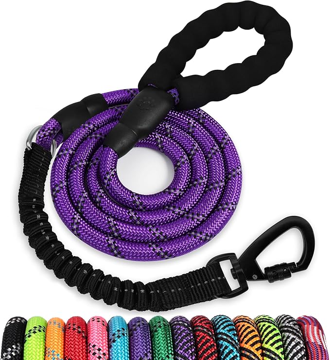 Rope Dog Leash 6 FT: Heavy Duty Leashes with Swivel Lockable Hook Reflective Threads Bungee and Padded Handle - Dog Lead for Large Small Medium Dogs Outside Walking Hiking Purple
