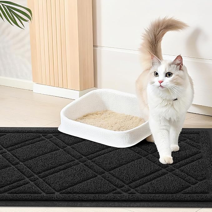 Smiry Cat Litter Box Mat 30x17, Non-Slip Water Resistant Litter Trapping Mat, Easy Clean Less Waste and Urine-Locking Cat Carpet for Indoor, Black