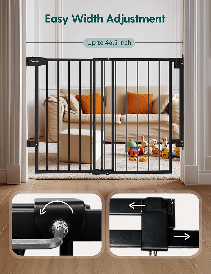 Babelio Extra Wide No Bottom Bar Baby/Dog Gate, 28" H, 29.7-46.5" W, Black | Hardware Mount Pet Gate for Indoor Doorways and Hallways with Auto Close, Stay-Open, Wide Walk-through Door, Easy Install