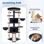 Gitelsnour Corner Cat Tree, All Sisal Multi-Cat Scratching Posts GCT035G | 63.8" Cat Tower for Indoor Cats with Cat Condo, 2 Large Cat Caves, Big Top Perch, 2 Hanging Baskets & Sisal Ramp, Drak Gray