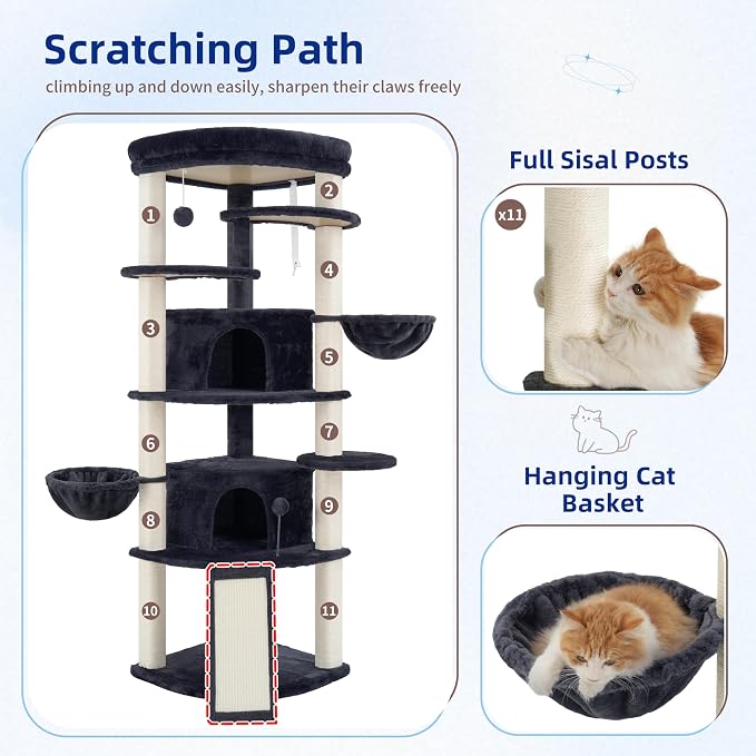 Gitelsnour Corner Cat Tree, All Sisal Multi-Cat Scratching Posts GCT035G | 63.8" Cat Tower for Indoor Cats with Cat Condo, 2 Large Cat Caves, Big Top Perch, 2 Hanging Baskets & Sisal Ramp, Drak Gray