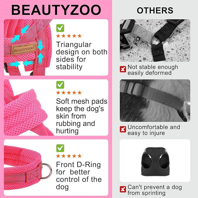 BEAUTYZOO Dog Harness for Large Dogs, No Pull Dog Harness and Leash Set, Soft Escape Proof Puppy Vest Harness with Handle, Reflective Lightweight Step in Harness for Girl Boy Dogs, Pink L