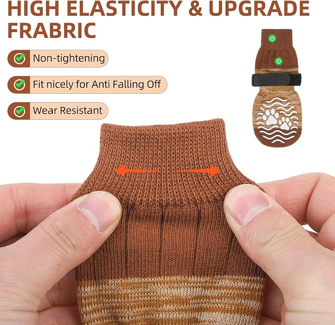 PUPTECK Anti Slip Dog Socks, Shoes with Grippers to Prevent Licking Hardwood Floors Traction, Rubber Boots & Paw Protectors for Small Medium Large Dogs Cold/Hot Pavement, Senior Dogs Booties Khaki