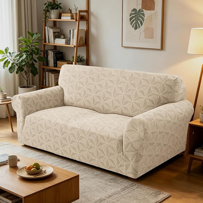 ZNSAYOTX Stretch Couch Cover, 1 Piece Sofa Covers for 2 Cushion Couch, Jacquard Loveseat Slipcovers with Elastic Bottom Thickened Furniture Protector for Dog Cat Pet (Medium, Khaki)
