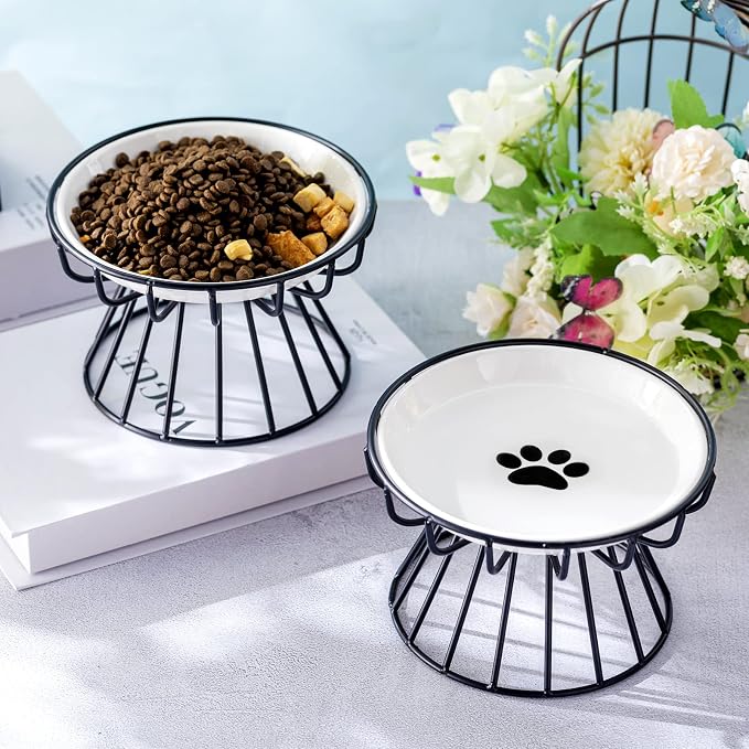Roshtia 4 Sets Elevated Cat Bowls Ceramic Raised Cat Food Bowls with Metal Stand Dishwasher Safe Dishes Non Slip Elevated Food Plate(Black,Paw)