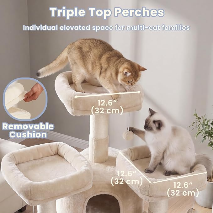 Cat Tree, 81.1" Tall Heavy Duty Cat Tower for Large Cats VCT032MJ | Cat Furniture with 3 Wide Platforms, Diamond-Shaped Condo 2 Sisal Scratchers, Hammock & Stable Base, Beige