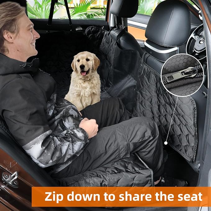 PETICON Dog Car Seat Cover for Back Seat, Waterproof Dog Hammock for Pets | Zippered Design Allows Passenger Seat Access, Mesh Window for Pet View, 600D Oxford, Prevents Scratches, Hair, Mud, and Dirt