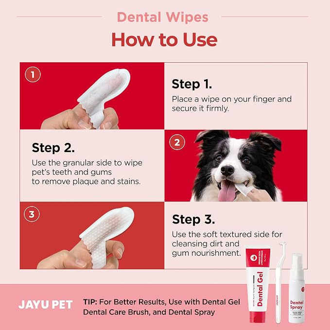 JAYU PET Mint Scent Dental Finger Wipes for Dogs, 50 Count | No-Rinse, Dual-Finger, Oral Care, Teeth Cleaning