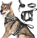 WINSEE Pet Harness Collar and Leash Set, All-in-one Reflective Dog Harness No Pull with Adjustable Buckles for Puppies, Small, Medium, Large, and Extra-Large Dogs (X-Large, Black)