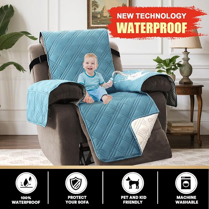 Recliner Cover 100% Waterproof Couch Cover Sofa Cover for Living Room Water Resistant Furniture Protector with Elastic Straps for Pets Dog(Recliner28,Smoke Blue)