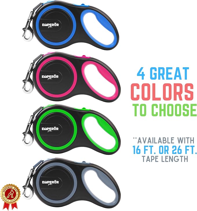 Emperor Pets Pink Heavy Duty Retractable Dog Leash 26 ft – Tangle-Free Nylon Tape, Anti-Slip Grip, Reflective – Retractable Leash for Medium Large Dogs up to 110 lbs -Classic-PK26