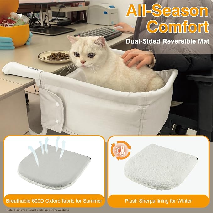Extra-Sturdy Cat Desk Bed for Large Cats 50lbs Desk Cat Bed Attachment | for Desktop under 3", Heavy Duty, Paw Design, Waterproof, Dual-Sided Mat, Easy Assembly for Gaming Desk & Kitchen Island