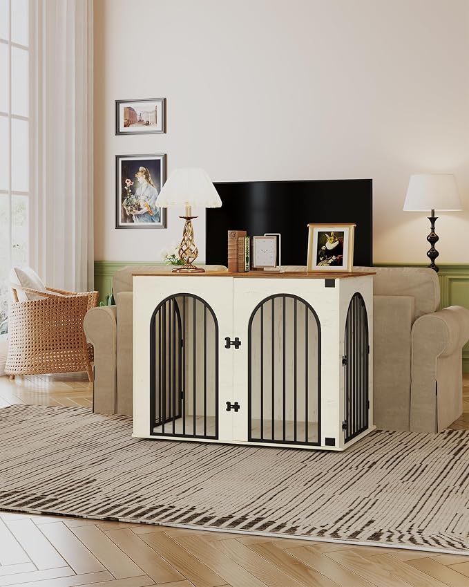 Hzuaneri 44.1" Wooden Dog Crate Furniture, Indoor Dog Kennel Dogs Cage for Small/Medium/Large Dogs, Heavy Duty Dog Crates Decorative Pet House End Side Table TV Stand, White Brown DFC83914B
