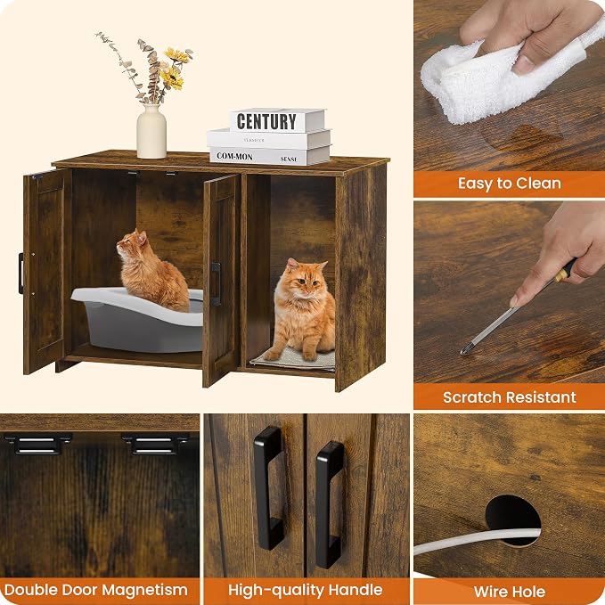 Dwanton Litter Box Enclosure, Cat Litter Box Furniture Hidden, with Scratching Mat, Wooden Cat Washroom Indoor, 31.5" L x 19.7" W x 21.7" H, Rustic Brown