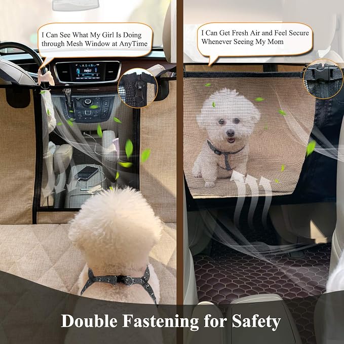 VIVAGLORY Dog Car Seat Covers, Hammock Seat Cover Mesh Visual Window with Extra Strap & Buckles, Waterproof & Nonslip Car Back Seat Cover Convert to Bench Seat Cover & Trunk Liner, Heather Khaki S | Seat Cover for Car Suv & Truck, Back Backseat Split H...