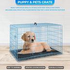 FDW Dog Crate for Small Dogs 24 Inch Folding Metal WirePet Cage Double Door W/Divider Panel Indoor Outdoor Kennel Leak-Proof Plastic Tray,Blue