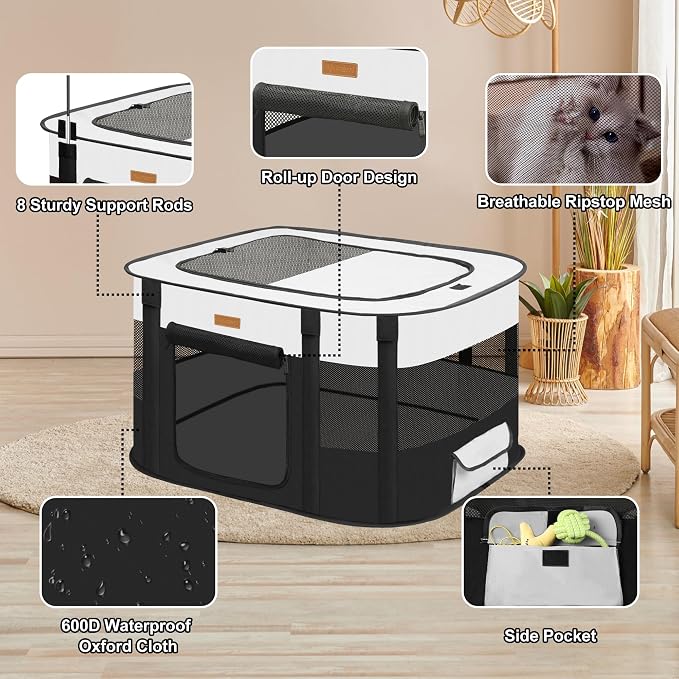 Dog Playpen - Foldable Cat Play Pens for Pubby, Kitten, Rabbit, Portable Pet Tent with Carring Bag for Indoor/Outdoor Travel Camping (Black-Medium)