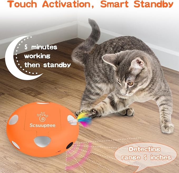 Cat Toys, Rechargeable Interactive Cat Toy, Orange | Smart Sensor Pop-Up Feather Toy with 7 Holes, USB Powered Automatic Kitten Toy for Indoor Cats