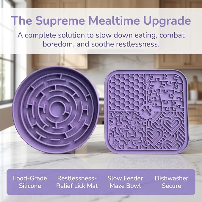 Dog Cat Lick Mat and Slow Feeder Bowl Set, Thickened Food Grade Silicone with Strong Suction Cups, Anxiety Relief Calming Lick Pad for Bathing Grooming Training