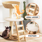 Modern Cat Tree for Indoor Cats, 30 in Cat Tower with Basket Bed | Interactive Play Base, 8cm Thick Sisal Scratching Posts, Climbing Ladder, Teaser Toy, Replaceable Cooling & Plush Mats