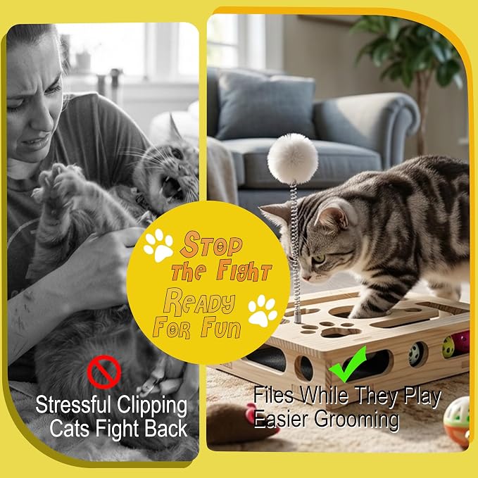 Cat Nail File Scratcher - Solid Wood Puzzle Enrichment Box for Indoor Cats | Interactive Cat Puzzle Box with Cat-Safe 100 Grit Pad for Cat Claw Care,4 Bell Balls, Spring Teaser,Tool-Free, Splinter-Free