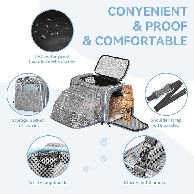Petsfit Small Double Expandable Cat Carrier for Kittens and Air Travel | 16 x 10 x 9 in; sized for Alaska Airlines, with locking zippers, an interior safety tether and multi-side ventilation.