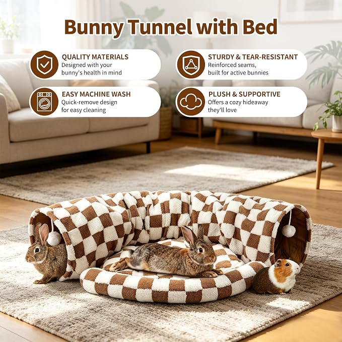 BWOGUE Bunny Tunnel Bed, Brown Plaid 2-in-1 Rabbit Tunnel Hideout with Mat | Removable Mat for Washing, Ball Toy for Play, Tunnel Tubes for Hiding, Soft Suede Fabric, Cats Rabbits Guinea Pigs