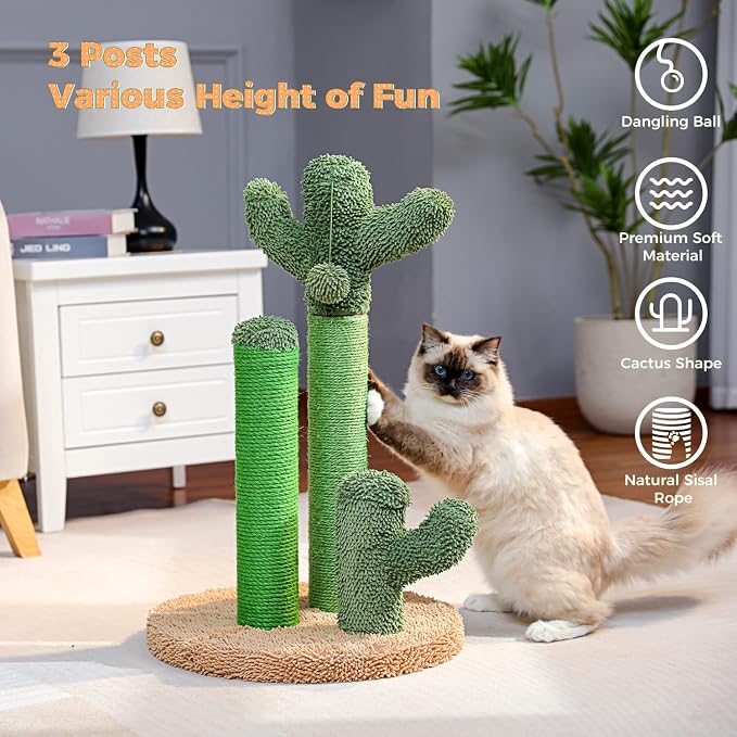 PAWZ Road Cactus Cat Scratching Post 27”Cat Scratcher with Toy Ball | Cactus Cat tree with 3 Sisal & Carpet Thick Scratching Posts, Double Layer Base, Interactive Ball for Adult and Indoor Cats