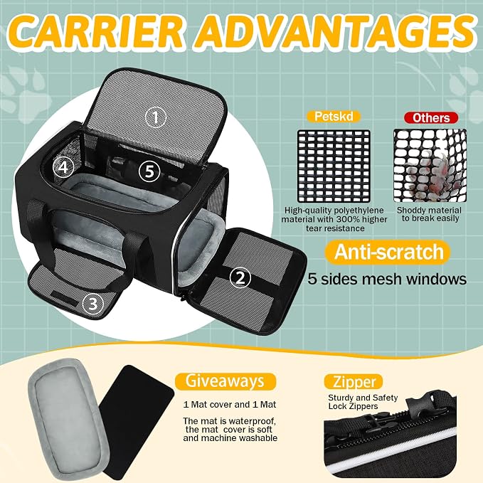 Petskd Small Pet Carrier 17" L x 11" W x 9.5" H Airline Approved, Black | for Alaska Airlines, Lockable Safety Zippers and Anti-Scratch Mesh, Pets Under 10 lbs