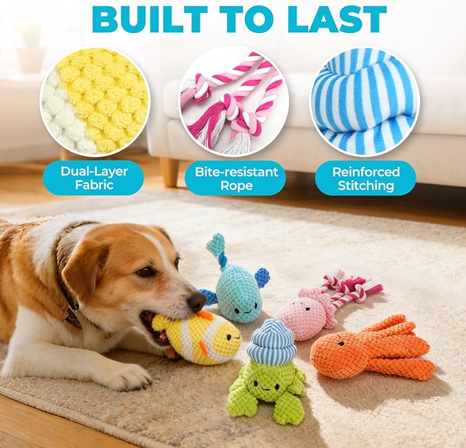 Prime Pets 5 Pack Squeaky Dog Toys, Plush Crinkle Dog Toys for Small Medium Dogs, Stuffed Tough Puppy Chew Toy to Keep Them Busy, Interactive Pet Toy