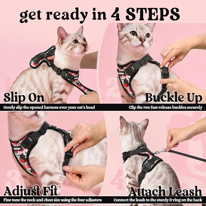 rabbitgoo Cat Harness and Leash Set, Escape Proof Vest, Berry Pounce | Soft Breathable Mesh, Easy Adjustable Fit, Snap Buckles, Sturdy Clip, Reflective Strips, for Small & Average Cats Walks, Xs