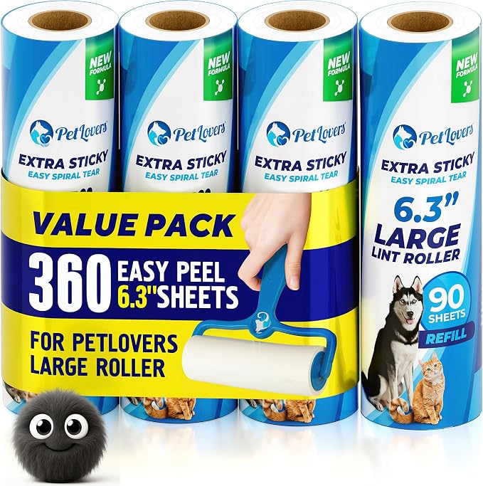 PetLovers 6.3" Extra Sticky Lint Roller 4 Pack of Large Refills Only - No Handle Included - 90 Sheets Per Refill 360 Sheets Total 4 Pack
