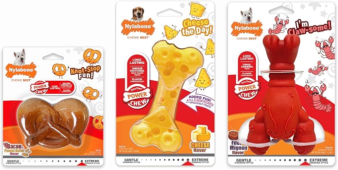 Nylabone Power Chew Lobster, Cheese, & Broccoli Dog Chew Toys, Small | 3 count, filet mignon, cheese, and bacon flavor, variety of shapes, durable chew toys, long lasting, for dogs up to 25 lbs