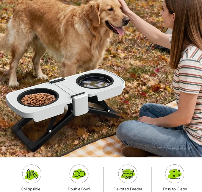 Elevated Dog Bowls Stand, Portable Travel Dog Bowls with Collapsible Silicone Double Diner Bowl, 5 Cups Capacity Food and Water Bowl with No Spill Edge Non-Slip Stand,Ideal for Medium & Large Dogs