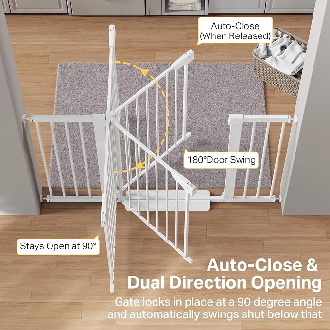 Cumbor 29.7-51.5 in Extra Wide Baby Gate for Stairs, Dog Gate Indoor White | Mom's Choice Awards Winner, Auto Close with Double Lock, One-Hand Open Child Gate for Toddlers & Pets, Pressure Mounted